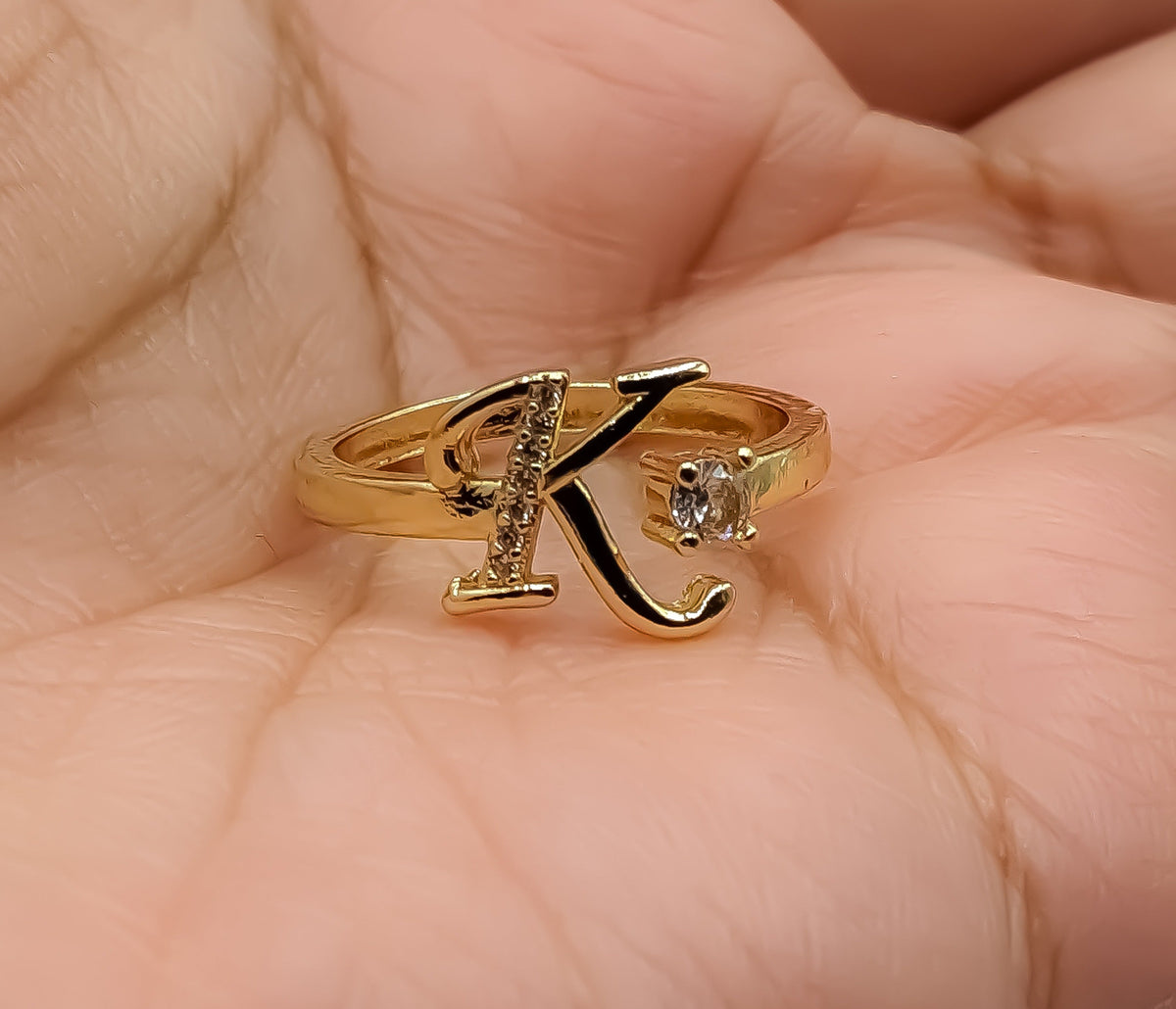 Beautlace Initial 'K' Ring - Adjustable 18K Gold Plated Open Ring With Cubic Zirconia (KR0037K) - View #8