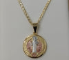 Gold plated Saint Benedict medal necklace with 14K chain and Cuban link design.
Tri-color 25mm Saint Benedict medal nec