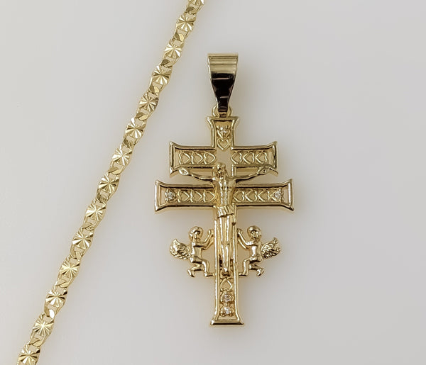Holy Cross of Caravaca with Angels Plated 3mm Star Chain Faith Necklace