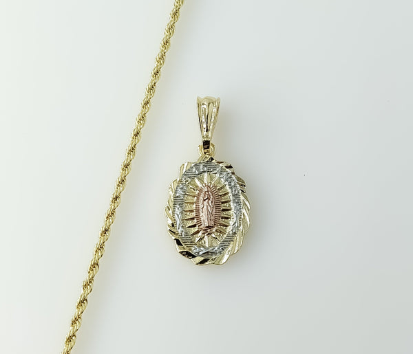 Virgin Mary pendant on a tri-color braided/rope gold plated chain necklace.