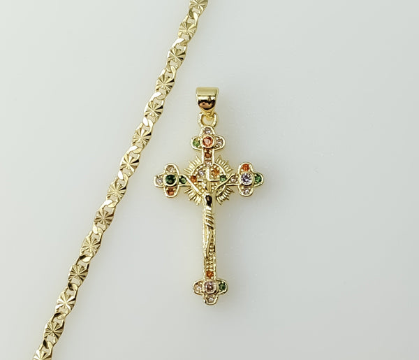Gold plated small cross Jesus crucifix pendant on a 3mm star chain necklace.