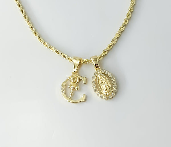 Letter "C" Dainty Our Lady of Guadalupe Double Pendant 2mm Rope Chain Necklace