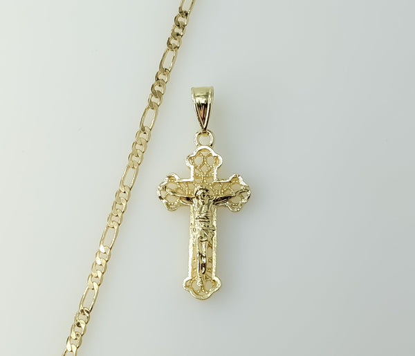 Gold plated figaro chain necklace with a cross pendant on a 3mm chain.

Gold plated cross pendant on a 3mm figaro chai