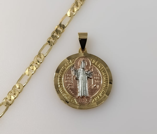 Gold plated Saint Benedict medal pendant on a Figaro chain necklace.

Gold plated Saint Benedict medal pendant suspended