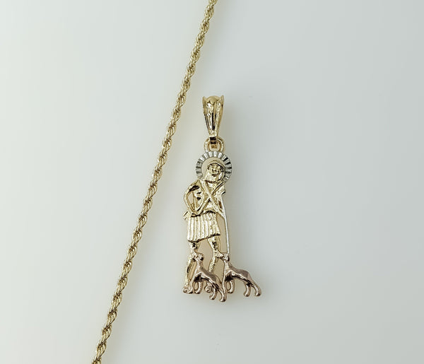 Gold plated rope and braided chain tri-color Saint Lazarus necklace in a classic style.