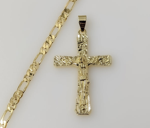 Plated 5mm Figaro Chain Men Nugget Design Jesus Cross Crucifix Hip Hop Jewelry