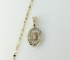 Gold plated anchor chain necklace with Virgin Mary pendant detail.

Gold plated tri-color anchor chain necklace with Vir