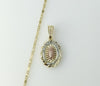 Gold plated 2mm star chain necklace with Virgin Mary pendant in tri-color design.

Gold plated star chain necklace with
