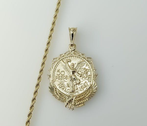 A gold plated Mexican Centenario rope and braided chain necklace with intricate details.
A double sided Mexican Centena