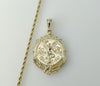 A gold plated Mexican Centenario rope and braided chain necklace with intricate details.
A double sided Mexican Centena