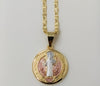 Gold plated tri-color Saint Benedict medal pendant on a 3mm star chain necklace.