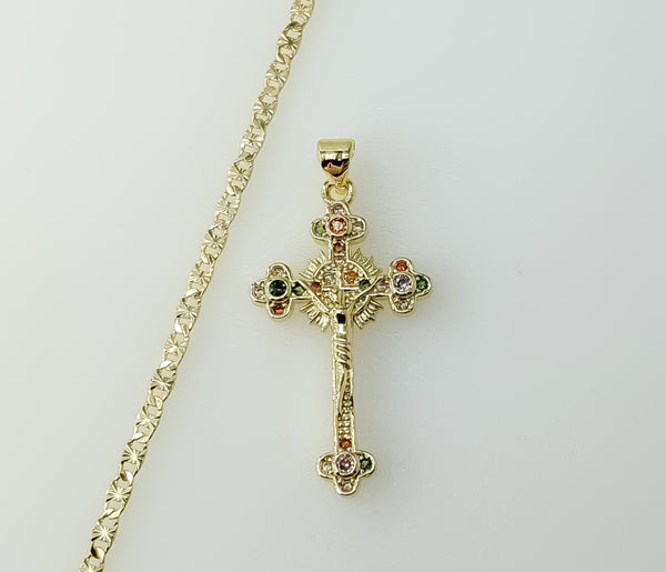 Gold plated cross pendant on a 2.5mm star chain necklace
Gold plated crucifix pendant with chain details on a 2.5mm sta