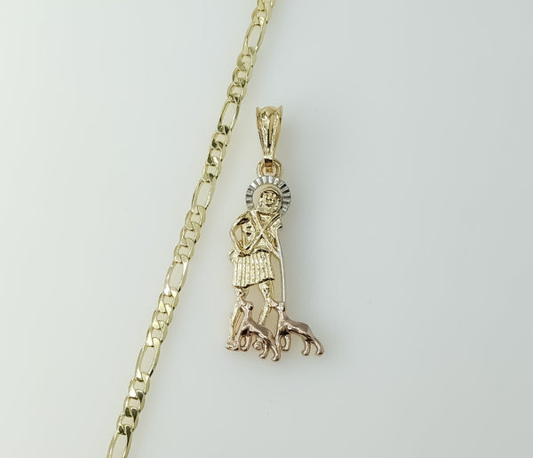 Gold plated tri-color Saint Lazarus 4mm figaro chain necklace with intricate design.

Gold plated 4mm figaro chain Saint