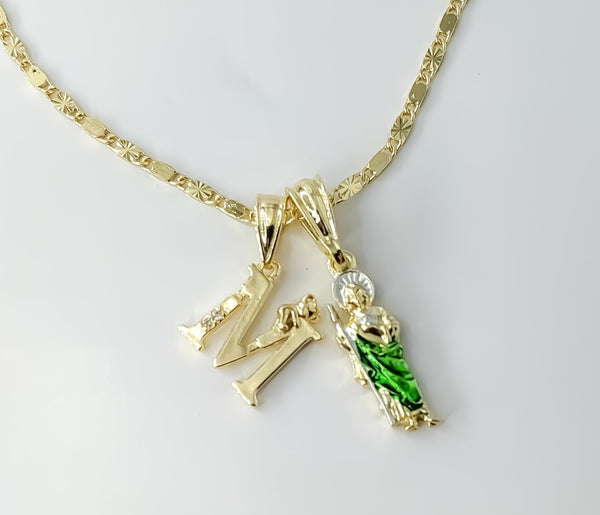Gold plated double pendants on a 2mm star solid chain necklace featuring a dainty letter M.

Gold plated Saint Jude doub