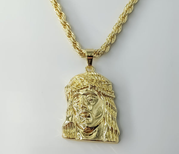 Gold plated rope and braided chain Jesus necklace with pendant.

Gold plated braided 6mm chain Jesus pendant necklace.