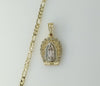Gold plated Virgin Mary pendant on a 4mm tri-color figaro chain necklace.
Gold plated Virgin Mary pendant set on a tri-c