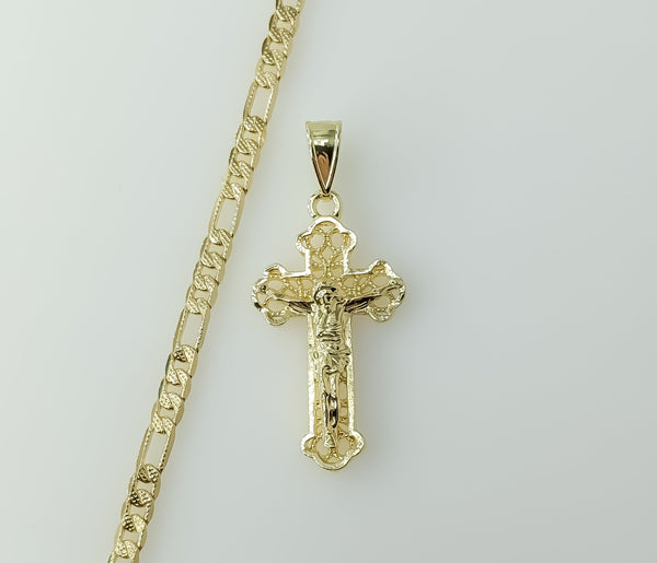 Gold plated 14K diamond cut figaro chain with a cross pendant necklace.

Gold plated 14K figaro chain with diamond cut d