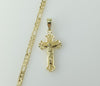 Gold plated 14K diamond cut figaro chain with a cross pendant necklace.

Gold plated 14K figaro chain with diamond cut d