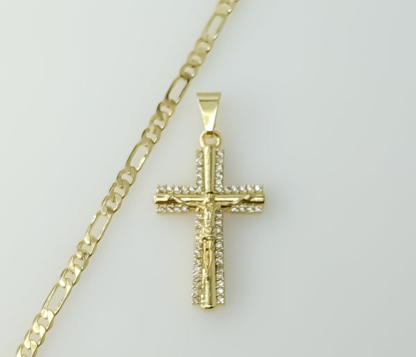A small gold plated Figaro chain necklace with a 3mm cross pendant.

A gold plated Figaro chain necklace featuring a sma
