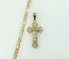 Gold plated tri-color cross 4mm diamond cut figaro chain necklace.