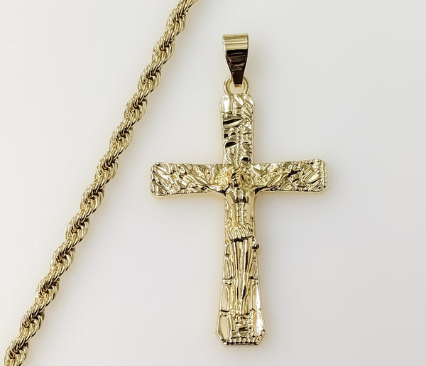 Hip Hop Men Nugget Design Jesus Crucifix Cross Plated 4mm Rope Braided Chain