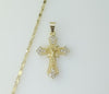 Gold plated solid cross Jesus crucifix pendant on a 2mm star chain necklace.

Gold plated small cross Jesus crucifix pen