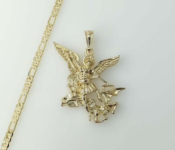 Gold Plated Large Archangel Saint Michael Figaro Chain Necklace with Diamond Cut Links.