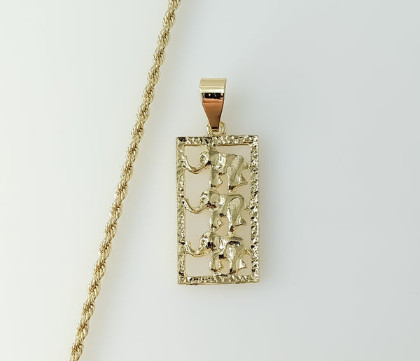 Gold plated elephant pendant necklace featuring rope and braided chain.