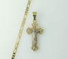 Gold plated tri-color cross pendant on a 3mm figaro chain necklace.
Gold plated tri-color cross pendant suspended from a