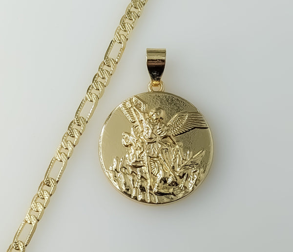 Plated Archangel Saint Michael Medal 14K 4mm Diamond Cut Figaro Chain Necklace
