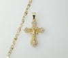 Gold plated mariner anchor chain with small cross Jesus crucifix pendant.

Gold plated flat mariner anchor chain featuri