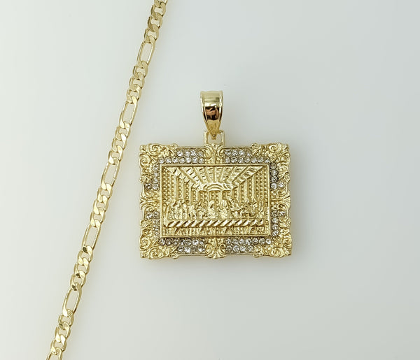 Gold plated 3mm figaro chain necklace with intricate The Last Supper design.

Gold plated 3mm figaro chain necklace feat