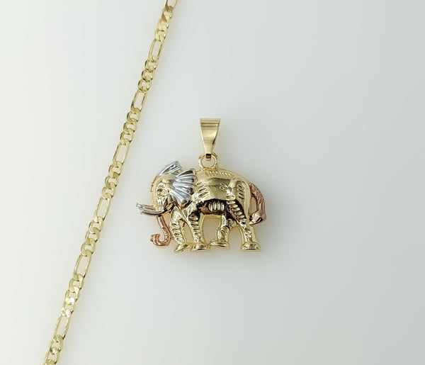 Gold plated three-strand figaro chain necklace with an elephant pendant.

Gold plated Figaro chain with an elephant pend