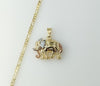 Gold plated three-strand figaro chain necklace with an elephant pendant.

Gold plated Figaro chain with an elephant pend