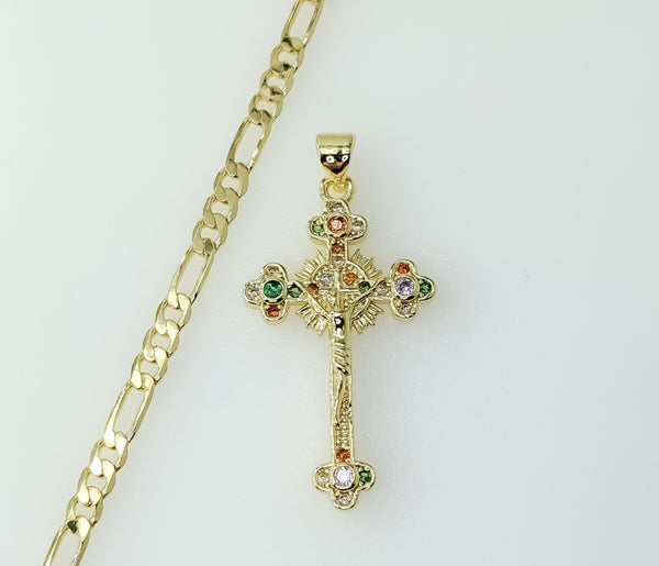 Gold plated small cross Jesus crucifix pendant on a 3mm figaro chain necklace.

Gold plated small cross Jesus crucifix p