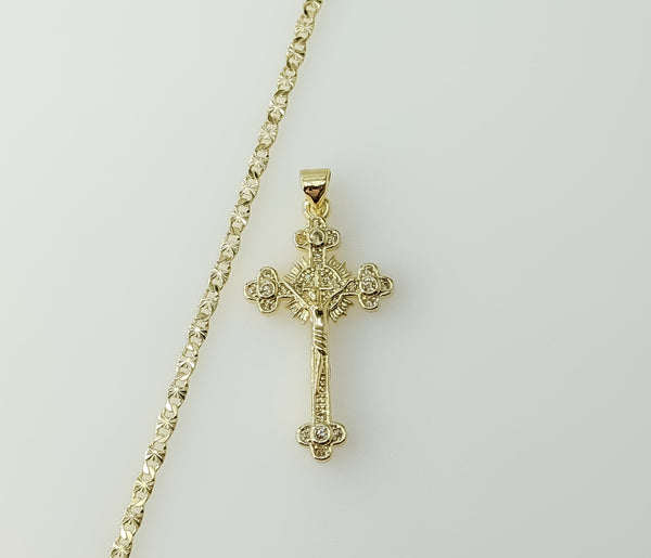 Gold-plated star-shaped cross pendant on a small chain necklace.