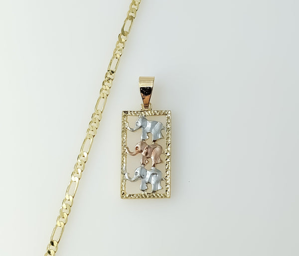 Gold plated tri-color elephant pendant on a 3mm figaro chain necklace.
Gold plated tri-color elephant charm on a figaro