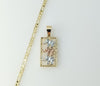 Gold plated tri-color elephant pendant on a 3mm figaro chain necklace.
Gold plated tri-color elephant charm on a figaro