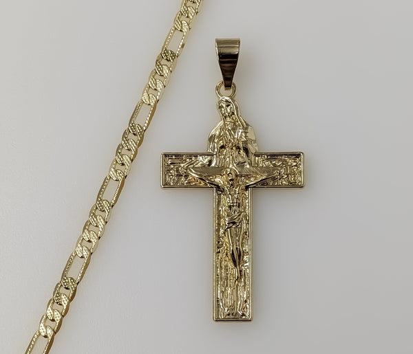 Virgin Mary Jesus Christ Crucifix Cross 14K Plated 4mm Diamond Cut Figaro Chain