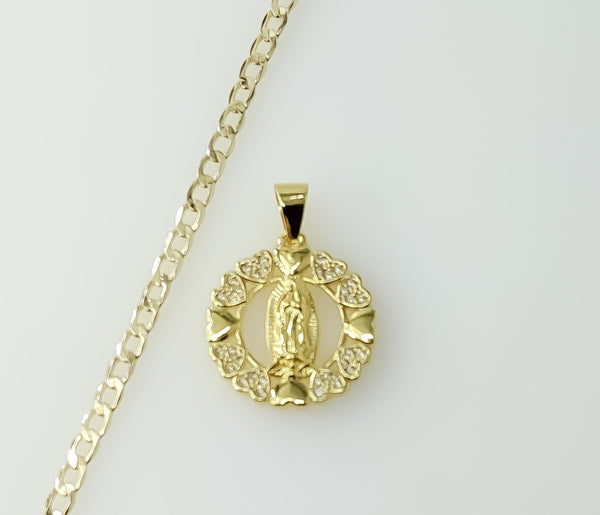 14K gold plated Cuban chain necklace featuring Virgin Mary pendant design.
Gold plated Cuban chain necklace with Virgin