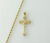 Gold plated small cross pendant on a braided chain necklace.

Gold plated small cross pendant on a rope chain necklace.