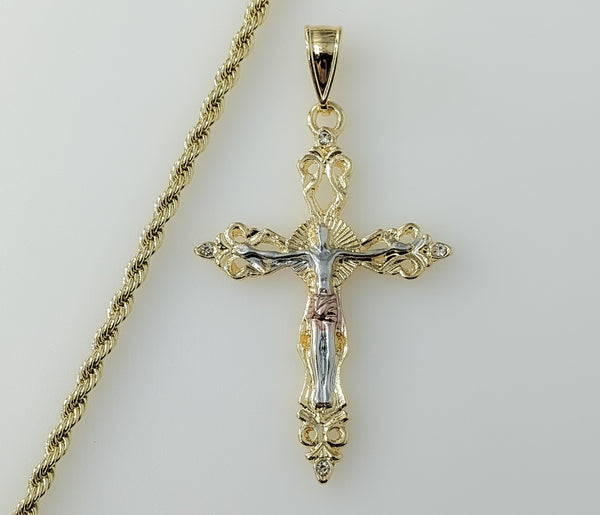 Plated Tri-Color Cross Crucifix 3mm Rope/Braided Chain Necklace