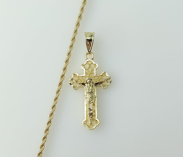 A gold plated rope braided chain necklace with a cross pendant.

A gold plated cross pendant on a braided rope chain nec