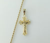 A gold plated rope braided chain necklace with a cross pendant.

A gold plated cross pendant on a braided rope chain nec