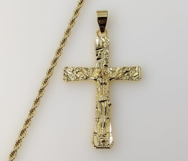 Christian Gift Men Nugget Design Jesus Crucifix Cross Plated 3mm Rope Braided