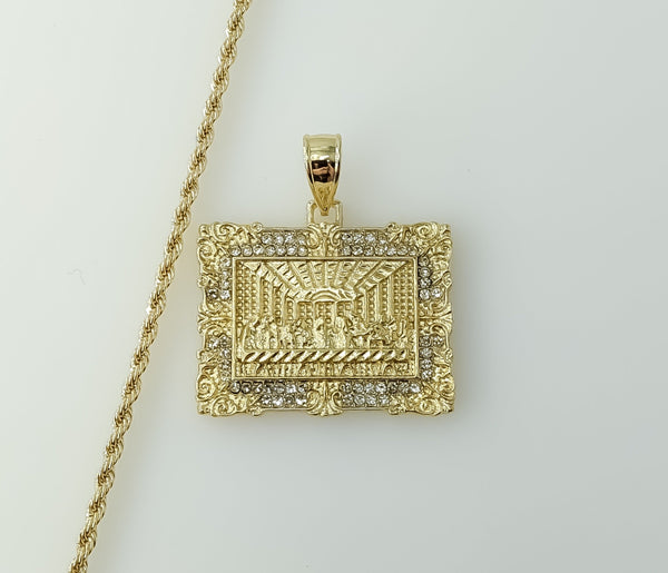 Gold plated braided chain necklace with The Last Supper pendant design.
Gold plated rope and braided chain necklace with
