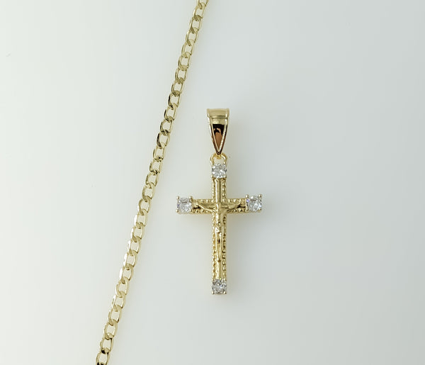 Gold plated 14K cross pendant on a 3mm Cuban chain necklace.
Gold plated Cuban chain necklace with small cross pendant
