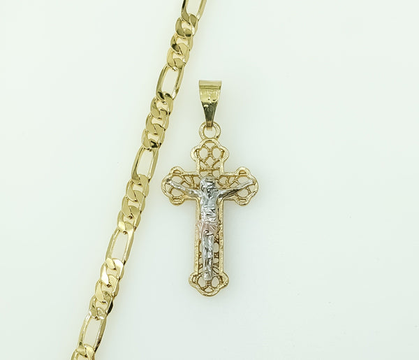 Gold plated tri-color cross pendant on a 5mm figaro chain necklace.

Gold plated tri-tone cross pendant on a 5mm figaro