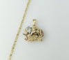 Gold plated tri-color elephant 3mm star chain necklace with intricate design.
Gold plated elephant shaped star charm att