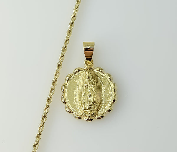 Gold plated rope braided chain necklace with Virgin Mary pendant design.
Gold plated rope braided chain necklace featuri